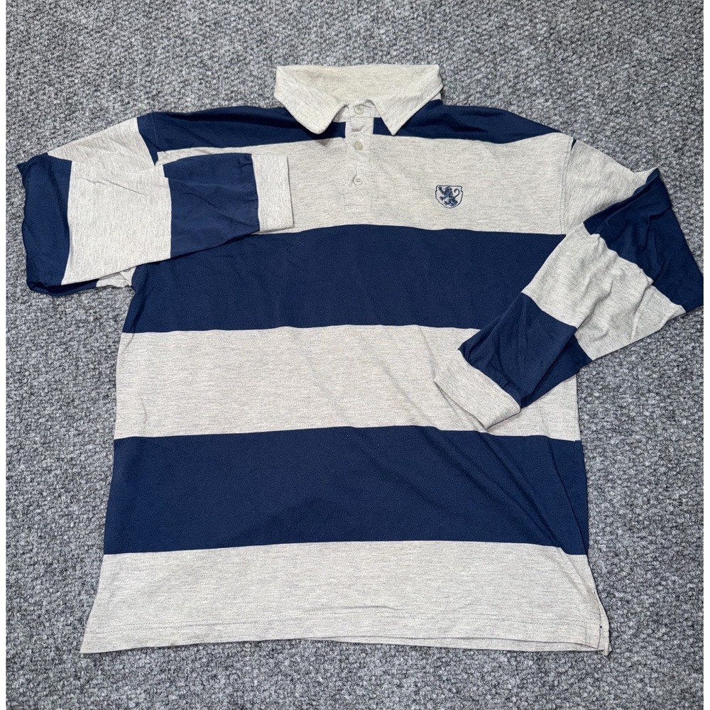 Dolphin Wear XL Striped Long Sleeve Collared Polo Shirt Gray Navy Blue Men‎ Y2K